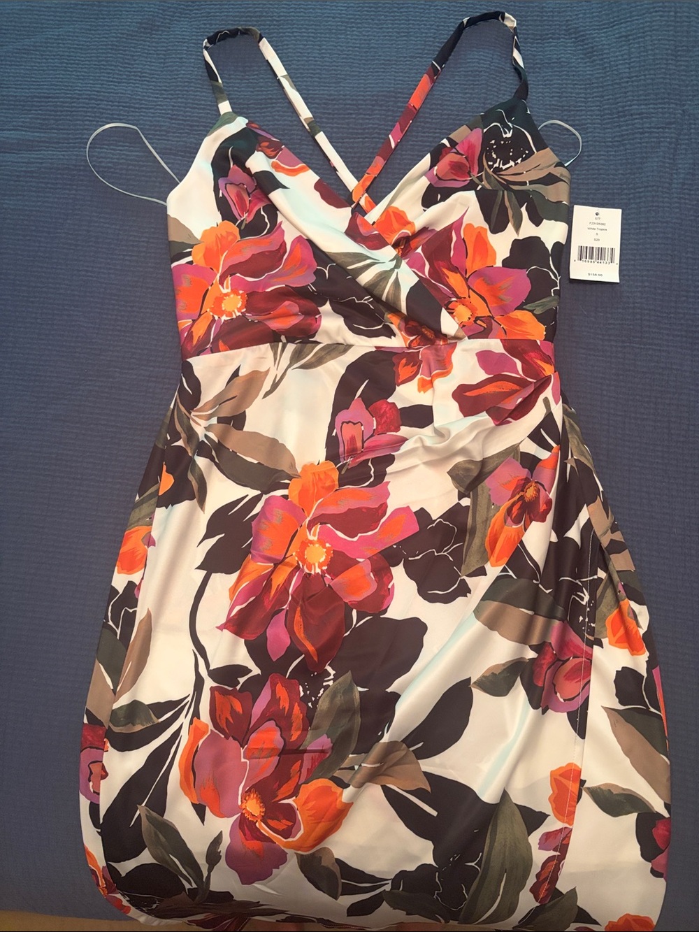Floral Surplice Mini Dress in White with Pink & Orange Blooms